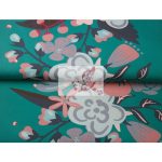 Olajzöld bordűr virágokkal - mintás pamutjersey